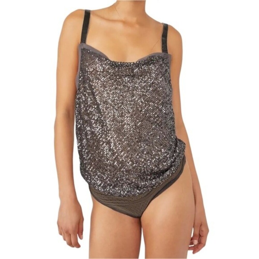 NWT Free People Bodysuit Shimmer & Shine Sequin Body Suit Gunmetal Size Small
